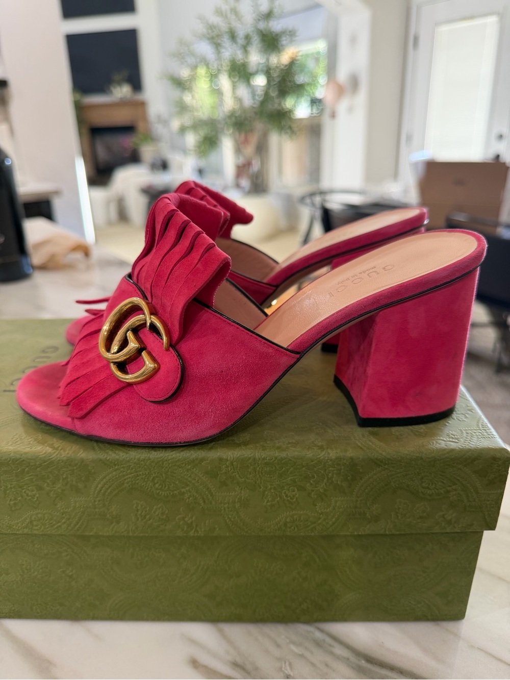 Gucci Fuchsia Suede Fringe Block Heel Mules with Gold Double-G